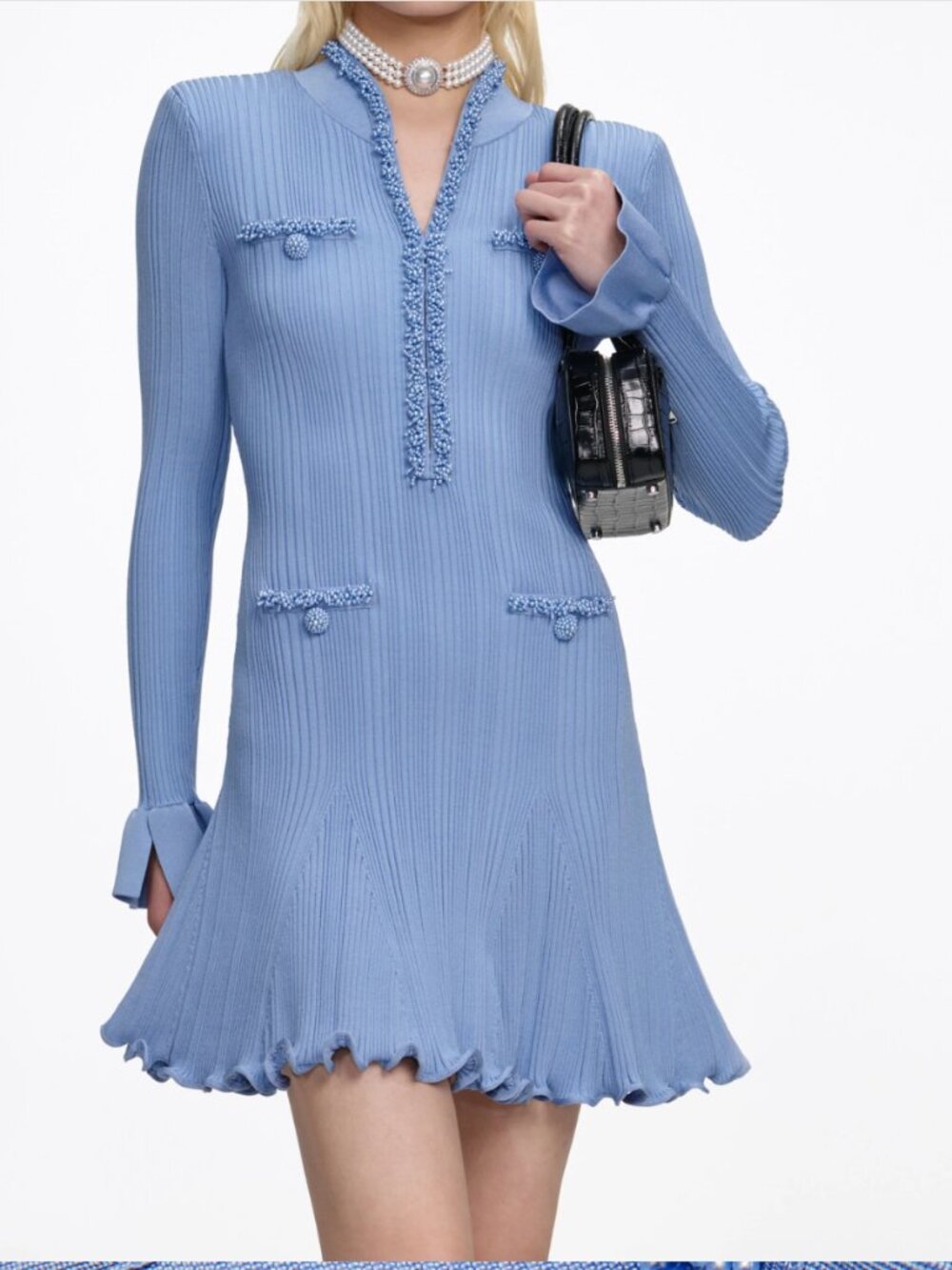 Self Portrait Blue Pearl Trim Knit Mini Dress